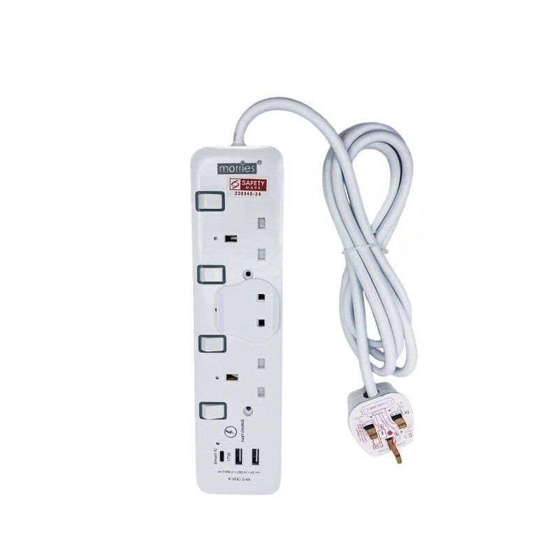 Morries MS3W2U1C 3-Way 3M Extension Cord With 2 USB + 1 TYPE C