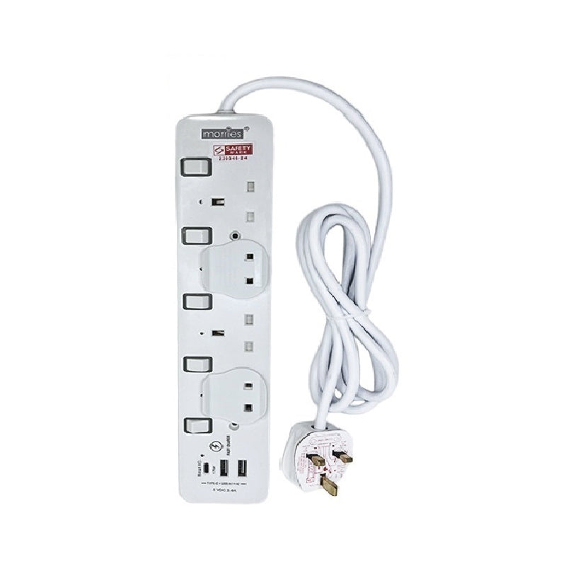 Morries MS4W2U1C 4-Way 3M Extension Cord With 2 USB + 1 TYPE C