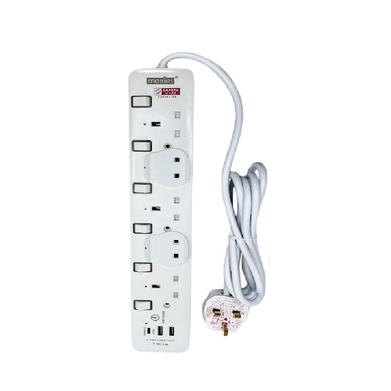 Morries MS5W2U1C 5-Way 3M Extension Cord With 2 USB + 1 TYPE C